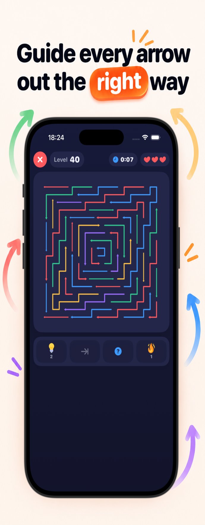 OutTheyGo home screen with continue card, daily streak, hints and revives